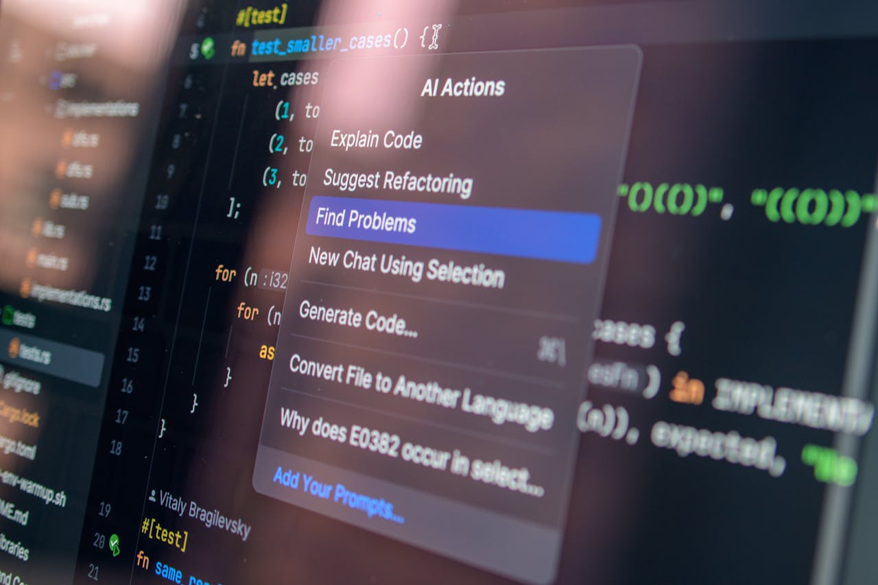 brand-01 Close-up of AI-assisted coding with menu options for debugging and problem-solving.